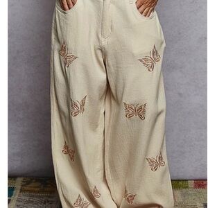POL Brown Wide-Leg Pants with Butterfly Embroidery